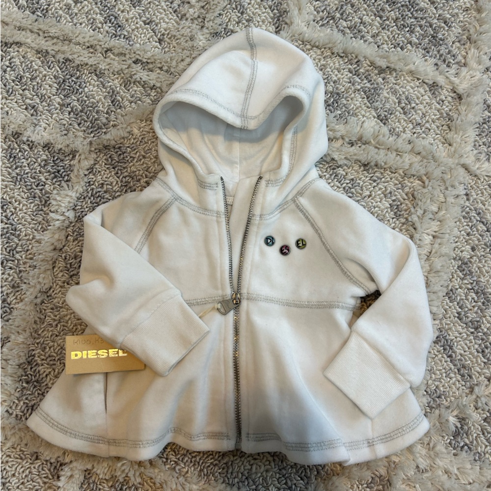 Diesel Baby Set: White Hooded Jacket & Pants with Button Accents